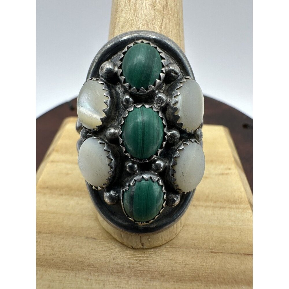 Vintage Sterling Silver Malachite & Mother of Pearl Saddle Ring Size 11.5